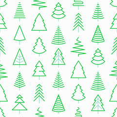 Seamless pattern with Christmas trees in different shapes. Minimalistic simple thin line icons. Vector illustration for greeting card, Christmas and New Year decoration.