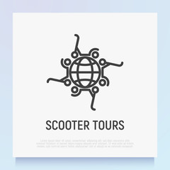 Electric scooters around globe thin line icon. Green transport. Scooter tours. Modern vector illustration.