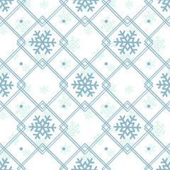 Vector seamless geometric winter pattern with snowflakes on white background; holiday design for greeting card, gift box, wallpaper, fabric, wrapping paper, web design.