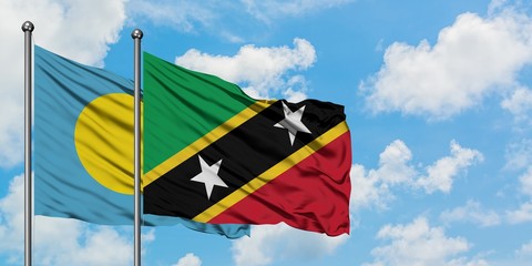 Palau and Saint Kitts And Nevis flag waving in the wind against white cloudy blue sky together. Diplomacy concept, international relations.
