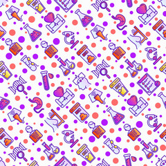 Medical analyzes seamless pattern with thin line icons: blood test, urine test, stool, ECG, mammography, sperm, DNA, ultrasound, EEG, X-ray, gastroscopy. Vector illustration for laboratory web page.
