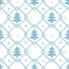 Vector seamless geometric winter pattern with christmas trees on white background; holiday design for greeting card, gift box, wallpaper, fabric, wrapping paper, web design.