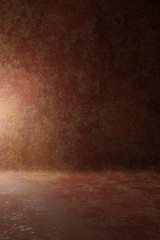 Photo studio portrait backdrop. Background painted scratch texture dark brown, rusty with spot light. 3D rendering