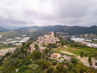 Fototapeta na wymiar Vista aerea dell'Antico borgo medievale di Seborga, Liguria, Italia