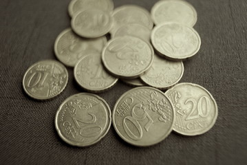 euro cents on a dark background close up 
