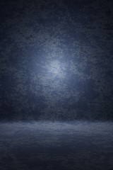 Photo studio portrait backdrop. Background painted scratch texture dark blue, cloud night with spot light. 3D rendering