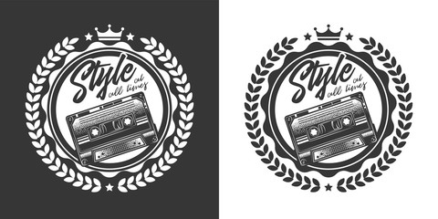 The original monochrome vector emblem with an audio cassette in retro style.