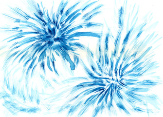 Watercolor blue lines like winter blizzards, abstact flowers or fireworks. Christmas winter illustration on white background, watercolor.