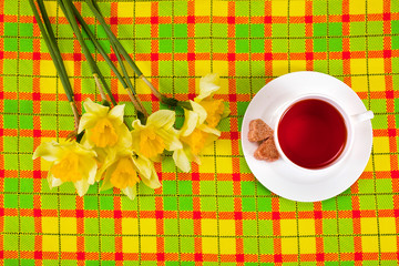 Black tea in a white cup with brown sugar and daffodil flowers on a textile background. Top view.