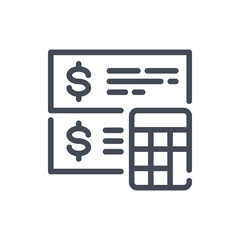 Finance calculation line icon. Bill with dollar and calculator vector outline sign.
