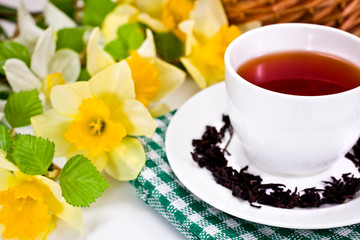 Black tea in a ceramic cup on textile napkin with daffodil flowers and green tree branches, wicker basket on a white background. Spring still life.