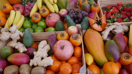 View of a market stall with various exotic fruits at a market in Funchal, Madeira