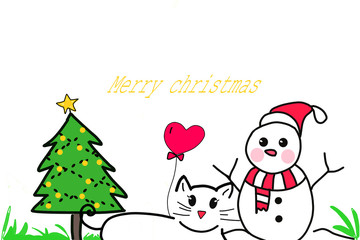 Image draw christmas with snowman and cat on white background