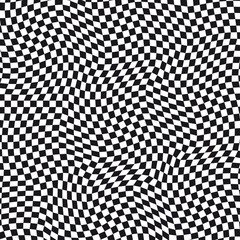 Abstract black and white checkered vector background. Geometric spherical pattern with visual distortion zoom effect. Optic illusion.