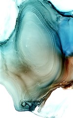 Abstract background in alcohol ink technique. Blue, brown and turquoise marble texture. Wash drawing effect wallpaper. Modern illustration for card design, banners and ethereal graphic design. - 301134513