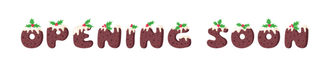 Cartoon vector illustration Christmas Pudding. Hand drawn font. Actual Creative Holidays bake alphabet and word