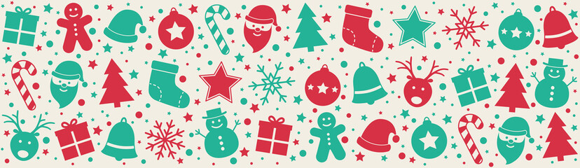 Beautiful Christmas decoration with Xmas characters. Panoramic banner. Vector