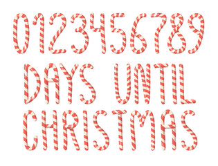 Cartoon vector illustration Christmas Candy Cane. Hand drawn font. Actual Creative Holidays sweet alphabet and text DAYS UNTIL CHRISTMAS and numbers