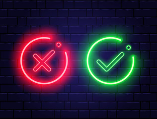Neon check mark and red cross on brick wall. Green tick and decline symbol in circle shapes. Accept and reject. Right and wrong. Bright neon design for games, app, web page. Vector illustration