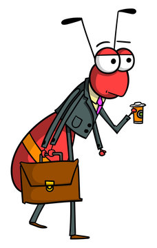 Cartoon style illustration of an office worker ant walking to work holding his coffee and briefcase.