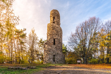 Spiral lookout tower of Krasno. Unusual stone landmark near Krasno Village, Czech Republic