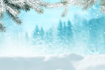 Fototapeta na wymiar Beautiful winter landscape with snow covered trees.Merry Christmas and happy New Year greeting background with copy-space.