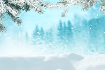 Foto auf Acrylglas Schöne Winterlandschaft mit schneebedeckten Bäumen. Frohe Weihnachten und guten Rutsch ins Neue Jahr Grußhintergrund mit Kopienraum. © Lilya