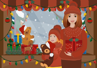 Mother and her cute daughter. A cute greeting card for Christmas and New Year. A girl with a teddy bear on her hands against the background of a Christmas tree. Vector illustration.