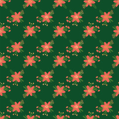 Red Christmas flowers seamless vector pattern. Flat Scandinavian style florals and leaves with metallic gold foil elements on green background. Elegant hand drawn Holiday design for fabric, gift wrap