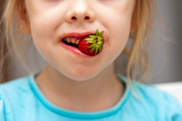 Close up of little girl eating fresh strawberry
