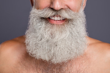 Cropped close up photo of cheerful attractive handsome well old man showing his teeth surrounded with beard isolated grey color background