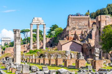 Ancient ruins of Basilica Julia and Temple of Castor and Pollux in Roman Forum, Rome, Italy