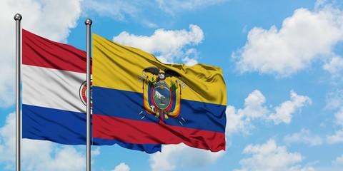 Paraguay and Ecuador flag waving in the wind against white cloudy blue sky together. Diplomacy concept, international relations.