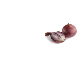  Red lettuce onion close-up on a white background. Whole and cut in half.  Copy space.