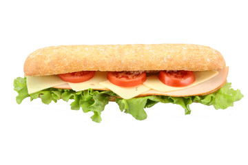 chicken sandwich, cheese and raw vegetables on a white background