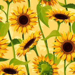 Seamless vector pattern of realistic sunflower flowers on a yellow background, with stems and leaves.