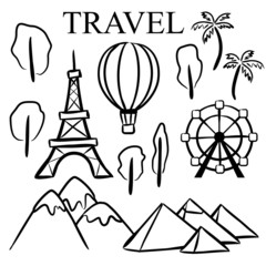 Vector hand drawn elements for travel and tourism. Set of vector elements.