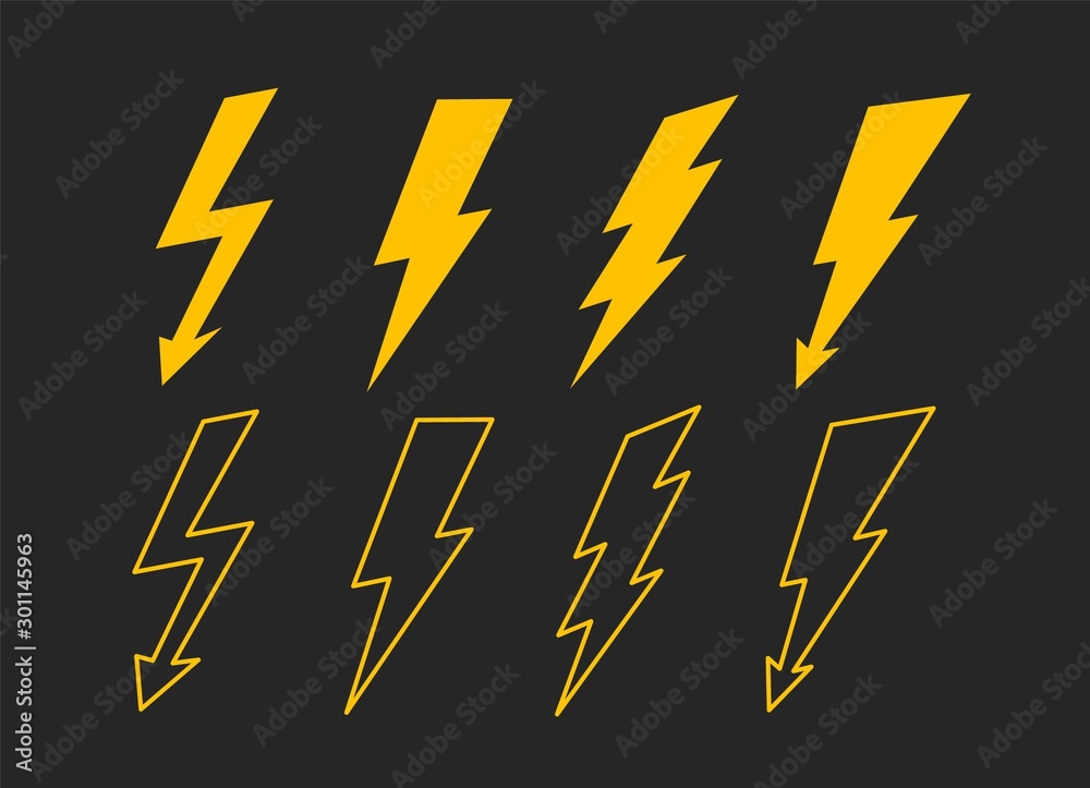 Poster Yellow lightning bolt set collection. Thunderbolt, lightning strike. Vector lightning icons in flat style and line style. Modern signs or symbols.