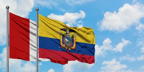 Peru and Ecuador flag waving in the wind against white cloudy blue sky together. Diplomacy concept, international relations.