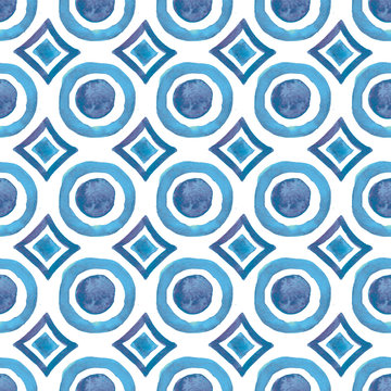 Watercolor hand painted abstract circles and rhombus ornate seamless pattern isolated on white background