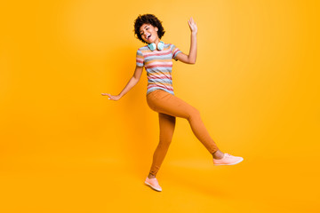 Fototapeta na wymiar Full length body size turned photo of sweet pretty cute nice girlfriend wearing pants trousers sneakers dancing isolated over vivid color background