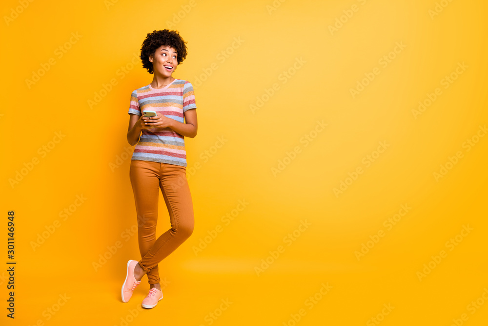 Wall mural full length body size photo of cool nice sweet millennial youngster standing confidently with legs c