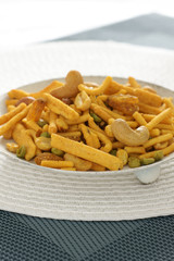 Bombay mix a spicy Indian snack of noodles nuts and peas