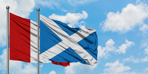Peru and Scotland flag waving in the wind against white cloudy blue sky together. Diplomacy concept, international relations.