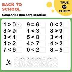 True or false? Comparing numbers worksheet. Easy worksheet, for children in preschool, elementary and middle school.