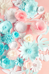blue, pink and white paper flowers on pink background