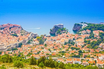 Fototapeta premium Dubrovnik, Croatia, top view. Old Town Dubrovnik view from the top of Mount Srd. Beautiful sunny summer day. Dubrovnik cityscape.
