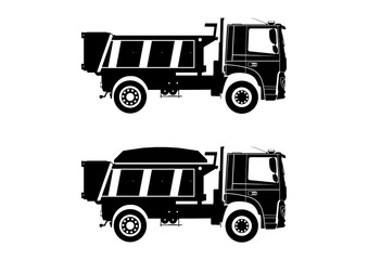 Tipper truck. Dumpers silhouettes on a white background with and without load. Side view. Flat vector. © norsob