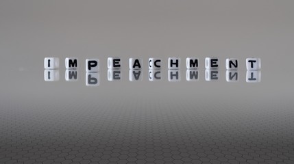 The word Impeachment represented by black letters on white cubes with a grey background