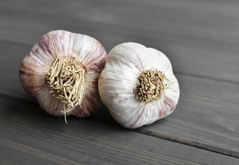 Dry fresh garlic bulbs on old dark wooden background